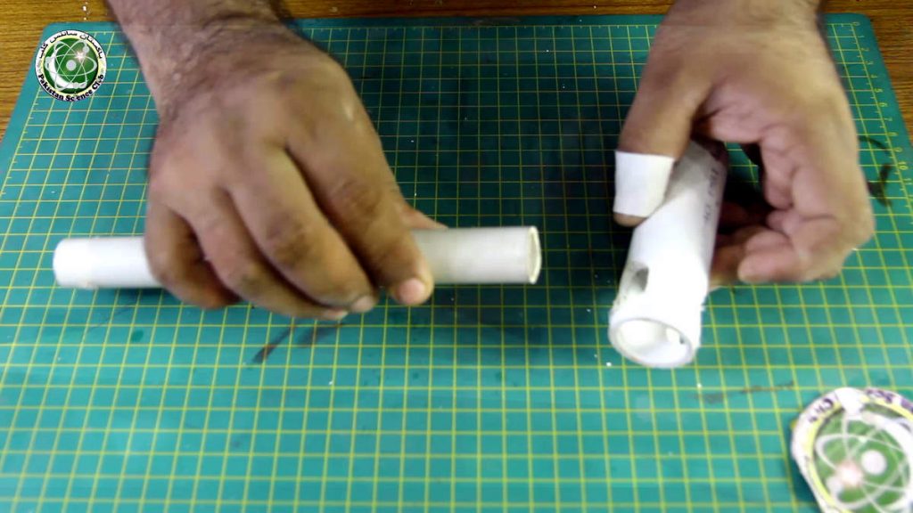 Make a hole in 4 inch pvc pipe to drill machine, hole size half diameter.